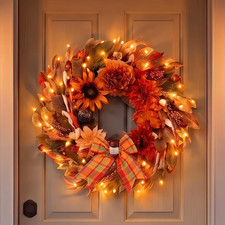 Fall Wreaths for Front Door, 24 Inch Fall Wreath for outside Decor with Lights,