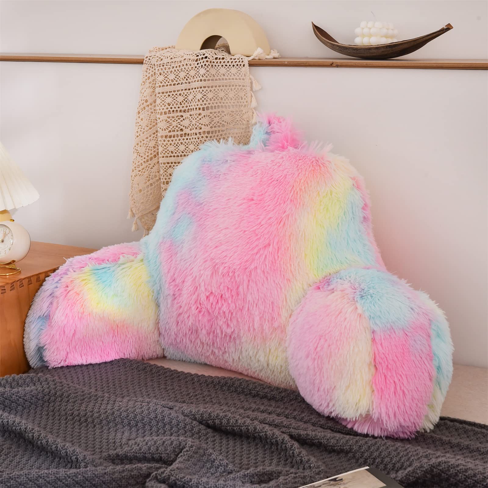 Faux Fur Reading Pillow Bed Wedge Large Adult Children Backrest with Arms Bac...