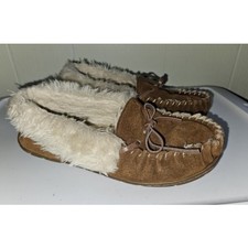 Brown Suede Faux Fut Lined Moccasin Style Slippers Ladies Size 8