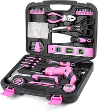 Pink Household Tool Set with 3.6V USB Electric Screwdriver, 136 PCS Home Tool Ki