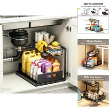 2-Tier Slide Out Under Sink Organizer Metal L-Shaped Kitchen Bathroom Storage