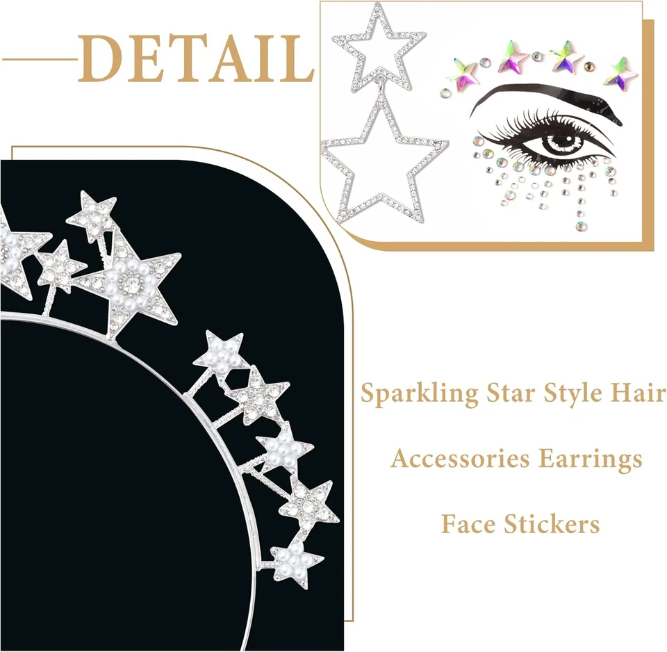 Cerchietto per Capelli in Argento, Con Stelle E Strass, per Carnevale, Compleann - Immagine 3 di 4