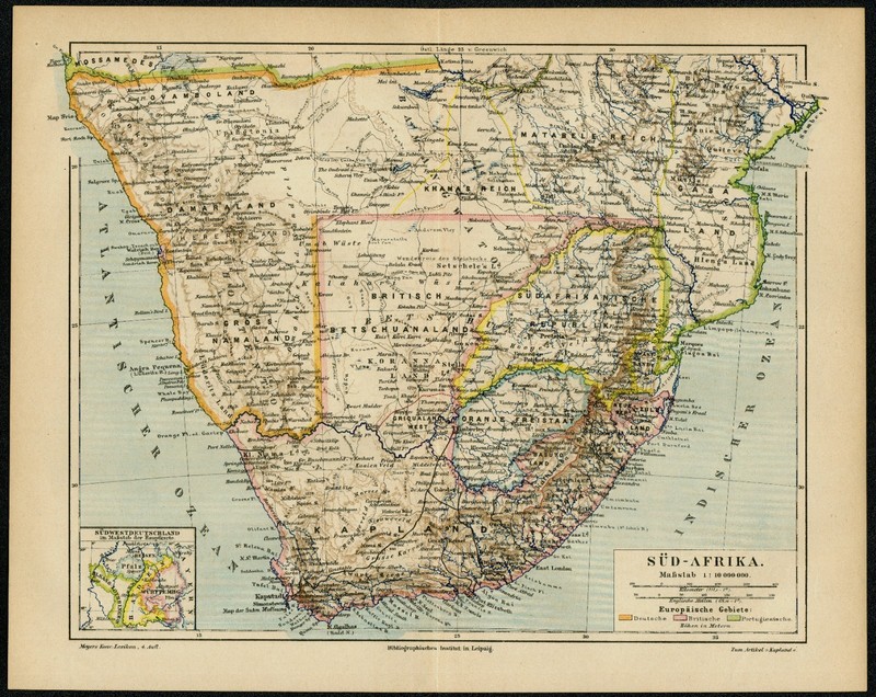 1887 Original Antique Geo Political Map of Southern Africa - Printed in Germany