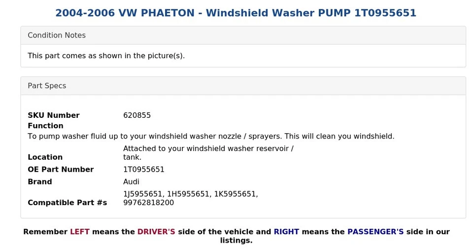 VW PHAETON 2004-2006 - Bomba lavadora de parabrisas 1T0955651 Foto 4 de 4