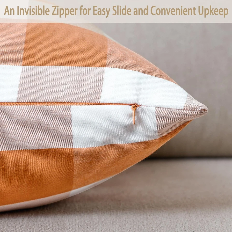 Set of 2 Fall Pillow Covers 18x18 Orange White Buffalo Plaid Farmhouse Throw Pil - Image 3 of 4