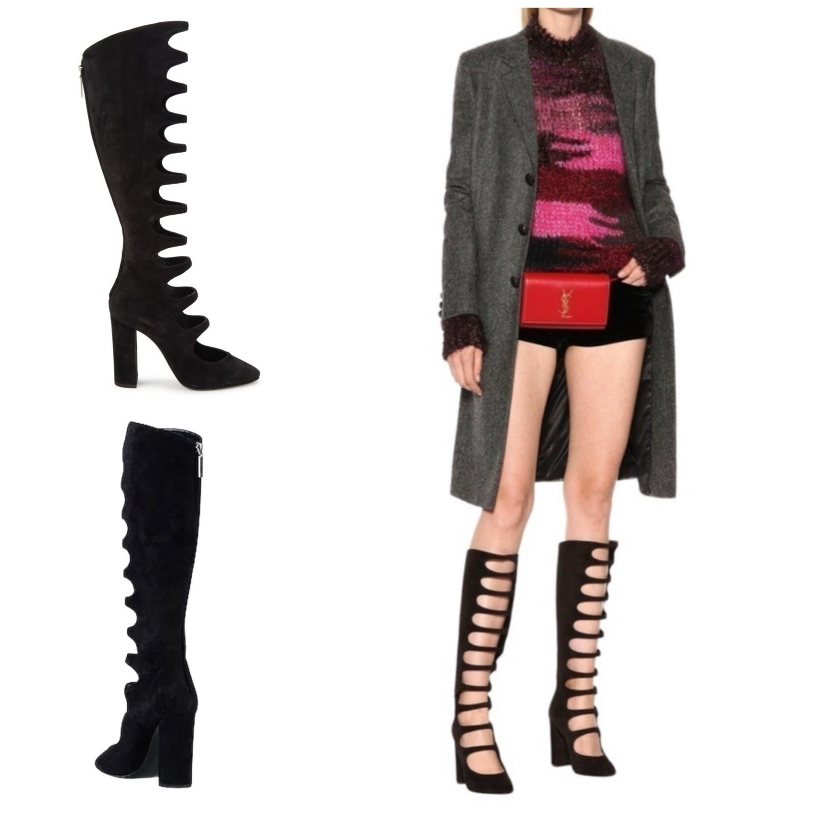 NIB Saint Laurent Cutout Suede Knee High Boots In Black Suede Size: 39 (US 9)