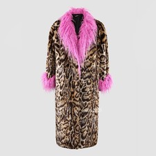 Womens Leopard Print Fur Jacket Long Imitation Fur Collar Long Warm Furry Coats