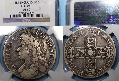 1687 ENGLAND ½ CROWN NGC VG 10 #AC1-36
