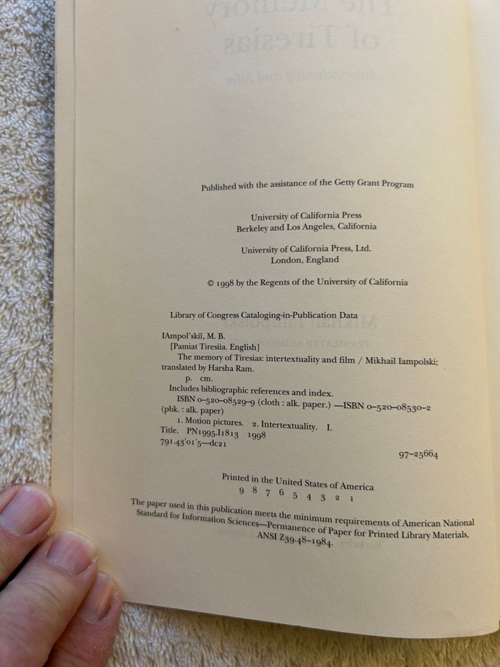 The Memory of Tiresias Intertextuality & Film, Brand New OS, Mikhail Iampolski eBay