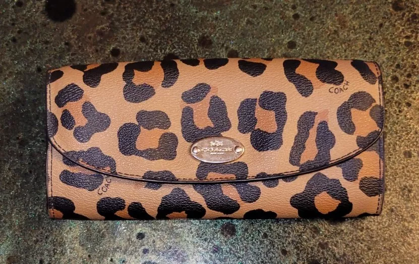 Coach Ocelot Brown Tan Black Leather Slim Envelope Wallet