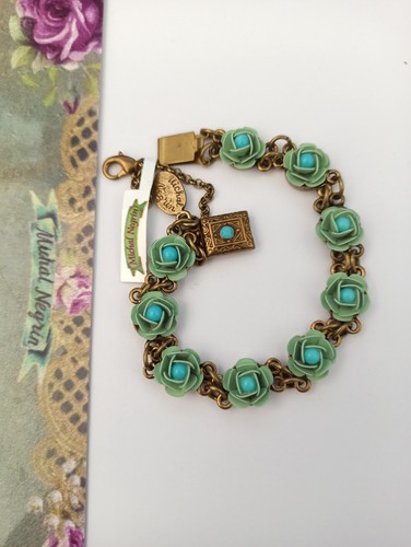 Michal Negrin Bracelet Roses Pastel Green 3D Enamel Flowers Turquoise Blue Gift - Picture 7 of 21