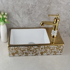 Rectangle Gold Ceramic Vessel Sink CounterTop Basin Bathroom Set Mixer Faucet