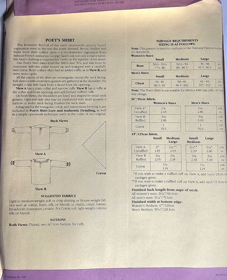 Folkwear Poets Shirt Sewing Pattern 217 Men/Women VTG '82 Unused-F2  - Image 3 of 4