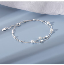 925 Sterling Silver Stars Pearls Bracelet Womens Girls Gifts Cute