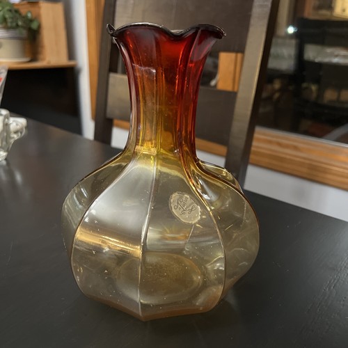 Tiara -Indiana Glass Amberina Red Orange Yellow 8" Ruffled Vase w/Orig Sticker