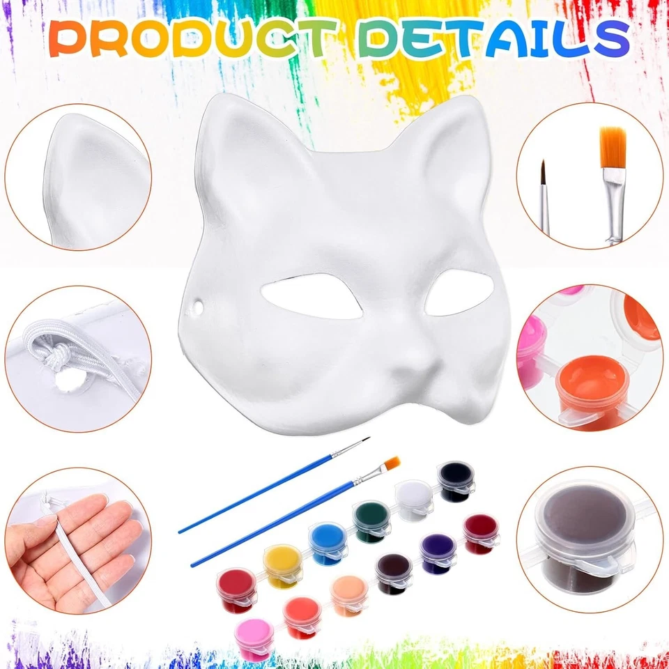 Kit de 25 piezas de máscara facial de gato papel maché en blanco y pintura disfraz de Halloween Mardi Gras Foto 2 de 4