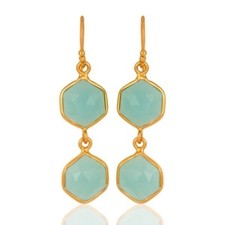 Aqua Chalcedony Gemstone 925 Silver Gold Plated Women's Earrings Jewelry