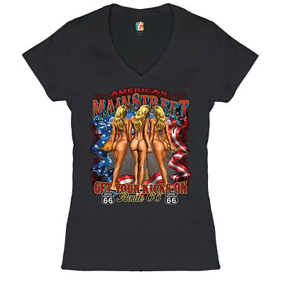 Get Your Kicks on Route 66 Women's V-Neck T-shirt Girls in Bikinis Biker Tee