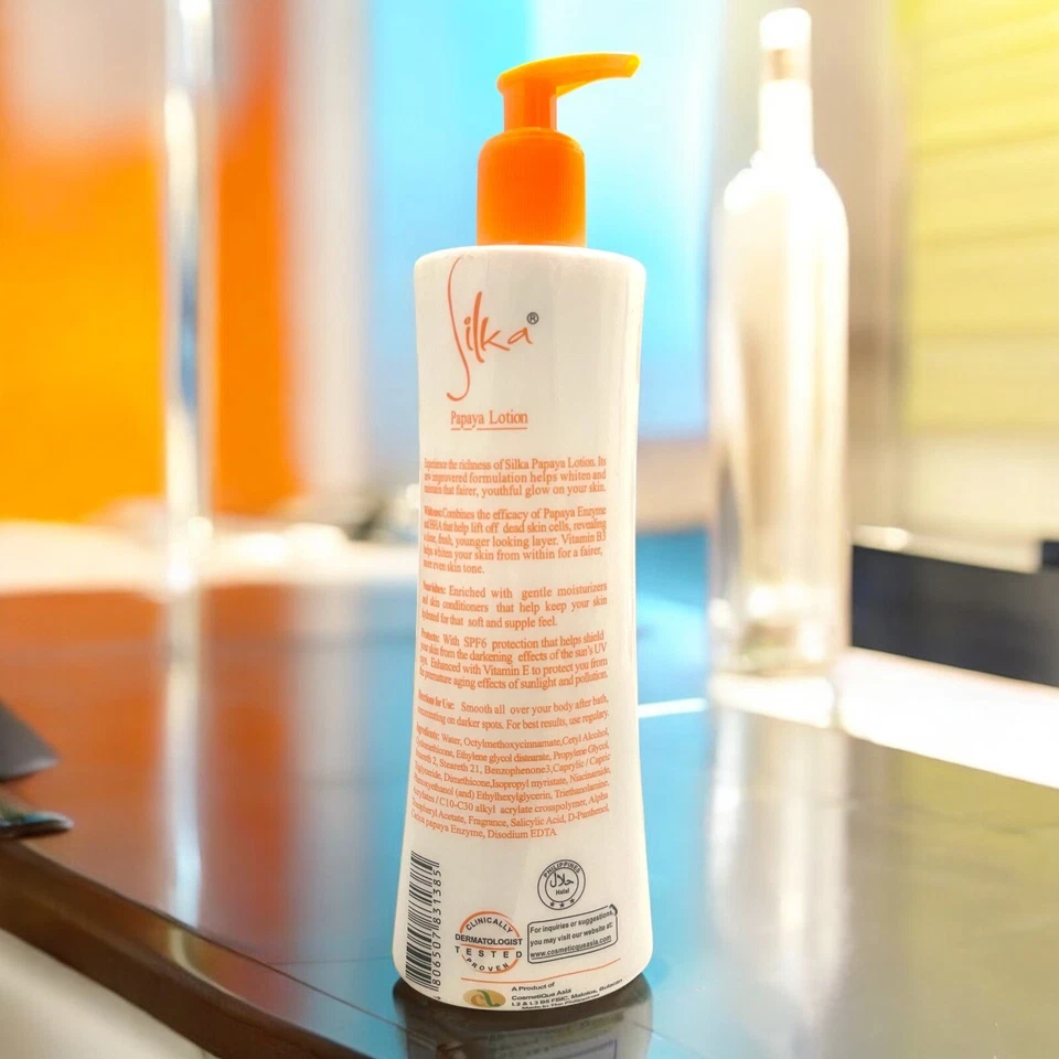 Loção clareadora de pele Silka PAPAYA SPF 6 tamanho grande 500ml (17 fl oz) estoque EUA - Imagem 2 de 4