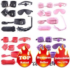 7Pcs PU Leather Handcuffs Foot Cuffs Whip Rope Eye Blindfold for Couples Woman