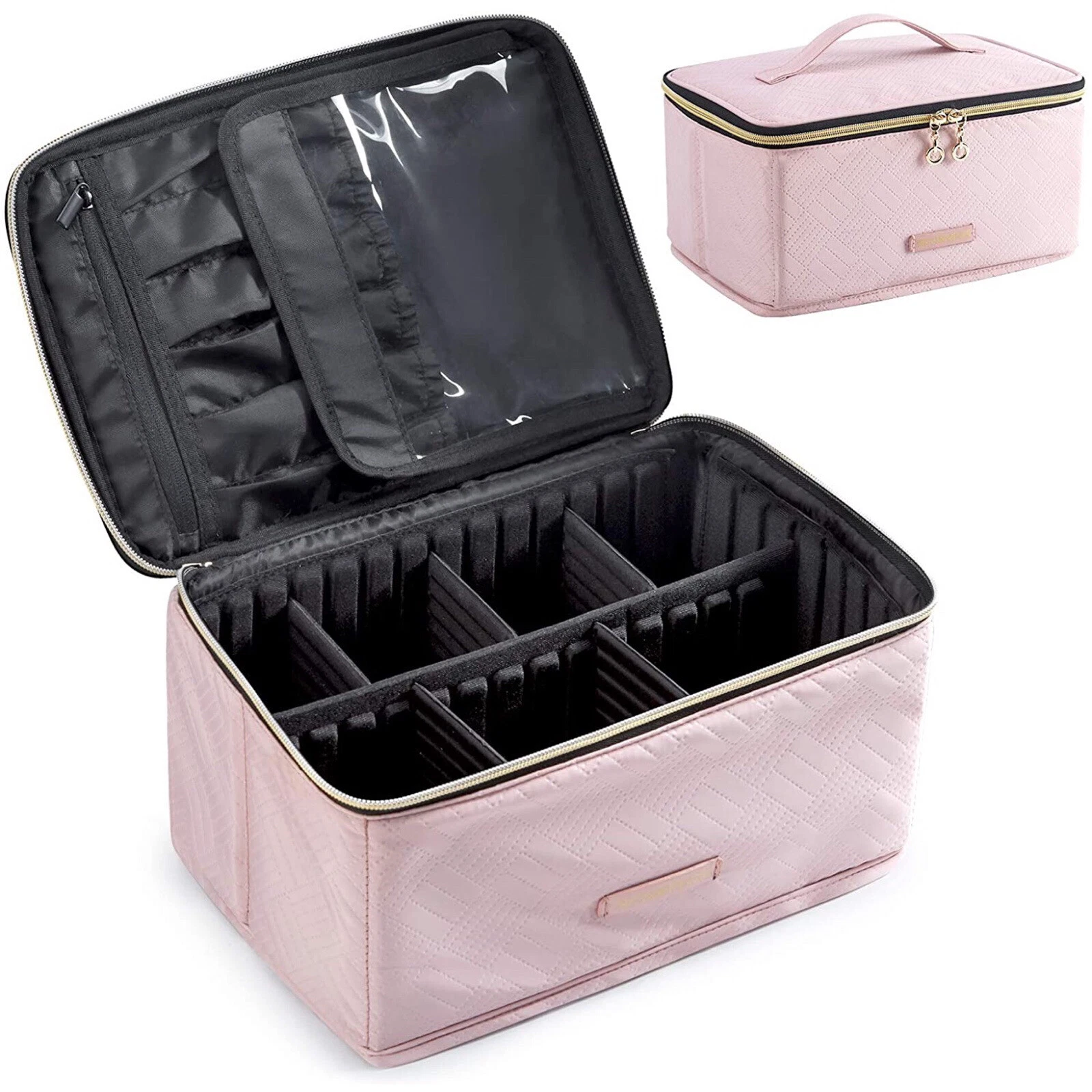 Travel Makeup Cosmetic Bag Case Organizer with Adjustable Dividers Pink