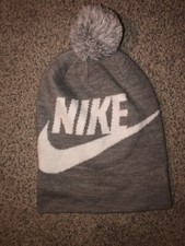 NEW Nike Swoosh Youth Winter Hat Beanie Pom Gray White