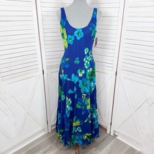 New Directions Dress Women 10 Blue Green Tropical Flower Print Tiered Maxi Slip