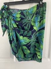 Beach Sarong Wrap Swimsuit Cover Up Navy Blue  Green Palm Print Size 12