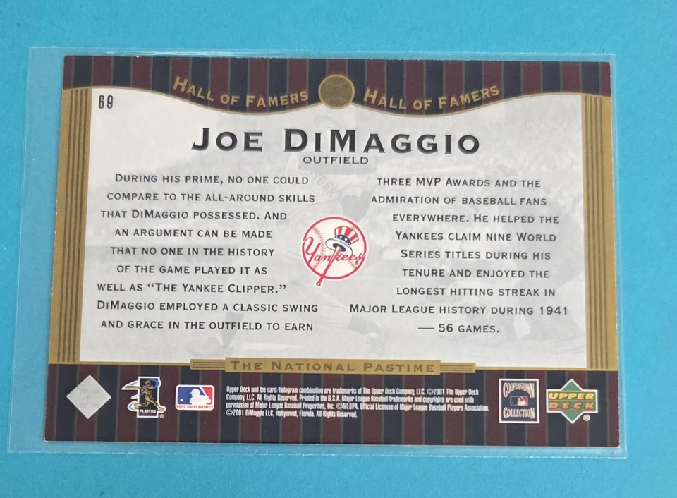 2001 Upper Deck Hall of Famers #69 Joe DiMaggio Yankees BASEBALL Card C8 - Image 2 of 2