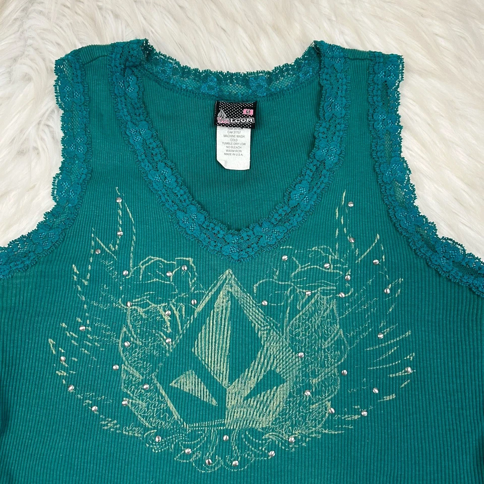 Vintage Volcom Womens Y2K Lace Trim Ribbed Tank Studded  Size S Green 90s - Image 2 of 4