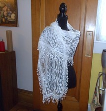 Women's Delicate White Lacy Mesh Long Scarf With Leaf Design 65" Beautiful