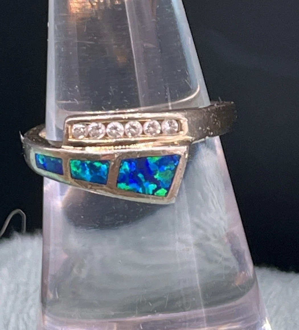 Sterling silver Blue Opal Inlay & Channel Set CZ Bypass Crisscross SZ 5.5 Ring
