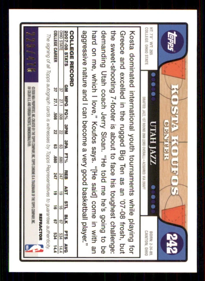 2008-09 Topps Chrome Refractors #242 Kosta Koufos AU C /476 - Image 2 of 2