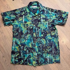 50s Alfred Shaheen Idol Forest Handprinted Tiki Hawaiian Shirt Teal Navy Mens S