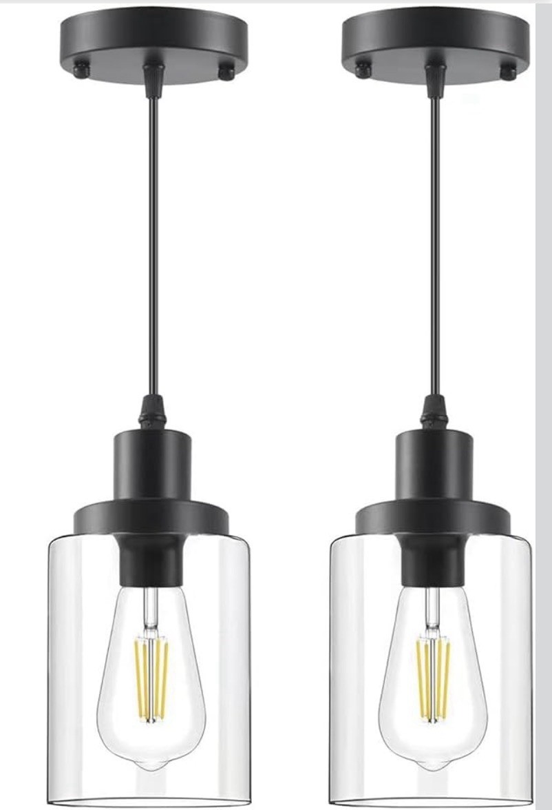 Set Of 2 Industrial Pendant Lights, Modern Clear Glass Shade Lighting, Black A25