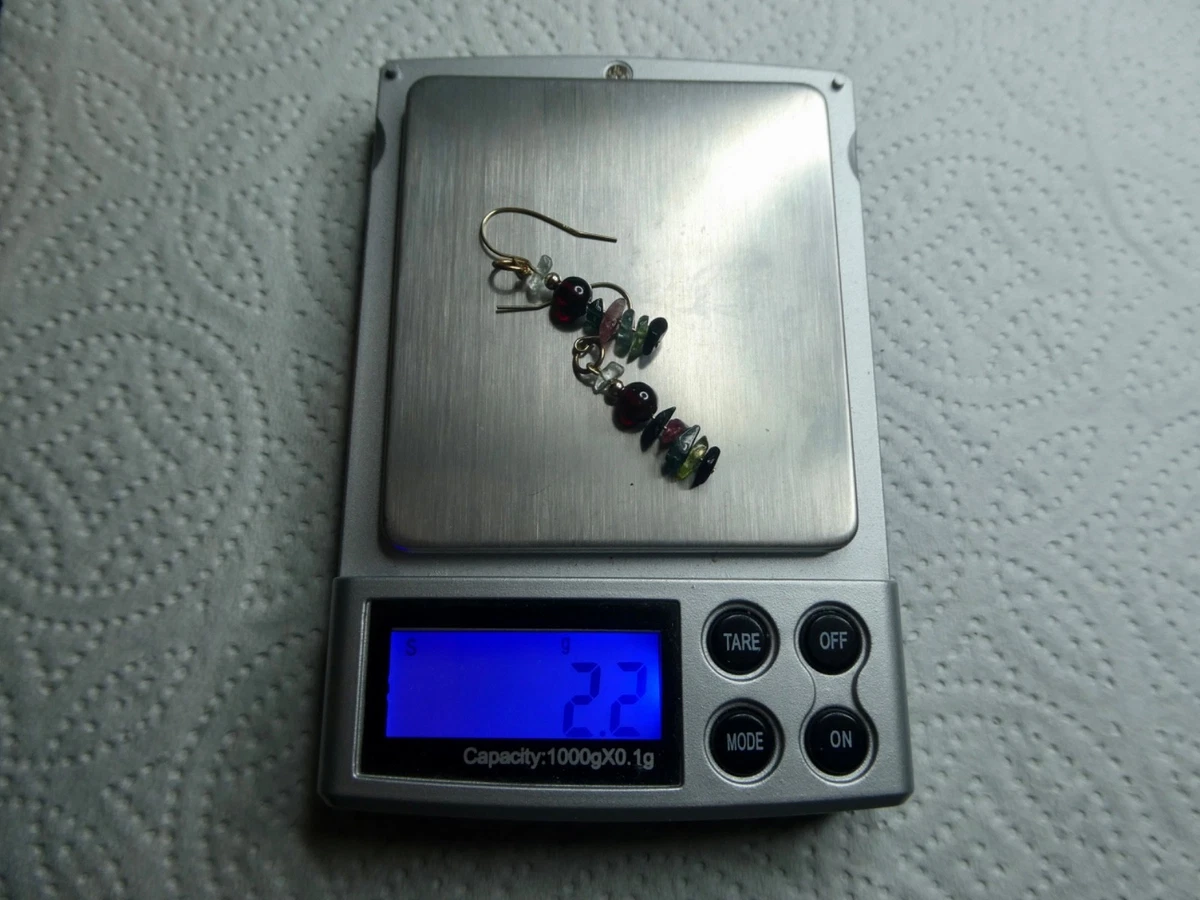 9ct gold earrings ~ garnet bead, tourmaline and aquamarine semi precious chips