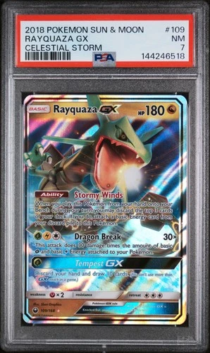 2018 POKEMON SUN & MOON CELESTIAL STORM #109 RAYQUAZA GX PSA 7