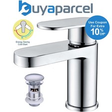 Chrome Compact Cold Eco Start Round Mono Basin Mixer Tap + Clicker Waste WRAS