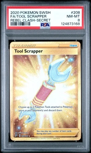 2020 POKEMON SWORD & SHIELD REBEL CLASH SECRET #208 FULL ART/TOOL SCRAPPER PSA 8