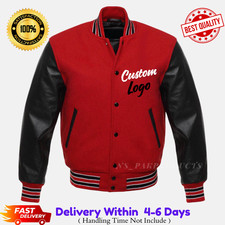 Varsity Letterman Baseball College Bomber Jacket - Red Wool & Black Leather JKT