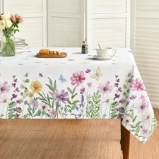 Spring Tablecloth 60×84 Inch Wildflowers Floral Butterfly Washable Table Cover