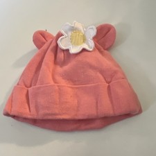 Pink Cotton Beanie Baby Hat with Flower  Bear Ears, Knit Unisex Toddler Cap