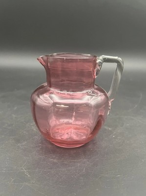 Cranberry Glass Creamer Hand Blown Optic Ribbed Applied Handle Vintage 3.5 