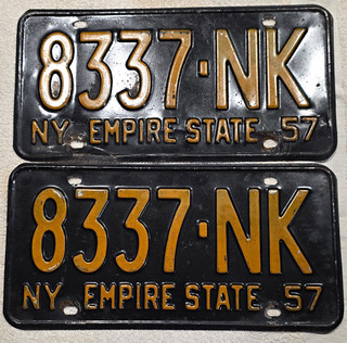 1957 New York NY Empire State License Plate Pair 8337 NK Black/Gold