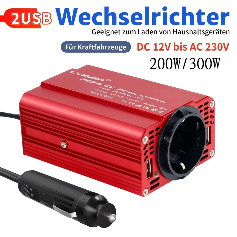 LVYUAN Auto 200W 300W Spannungswandler 12V auf 230V Wechselrichter Inverter 2USB Rot