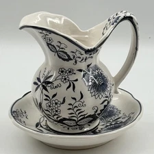 Vintage 70s Enesco Japan Cream Pitcher Plate Set Floral Blue Design Cottagecore