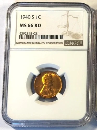 1940 S LINCOLN WHEAT CENT PENNY US COIN FULL RED GRADED NGC MS66 RD - FREE S&H!
