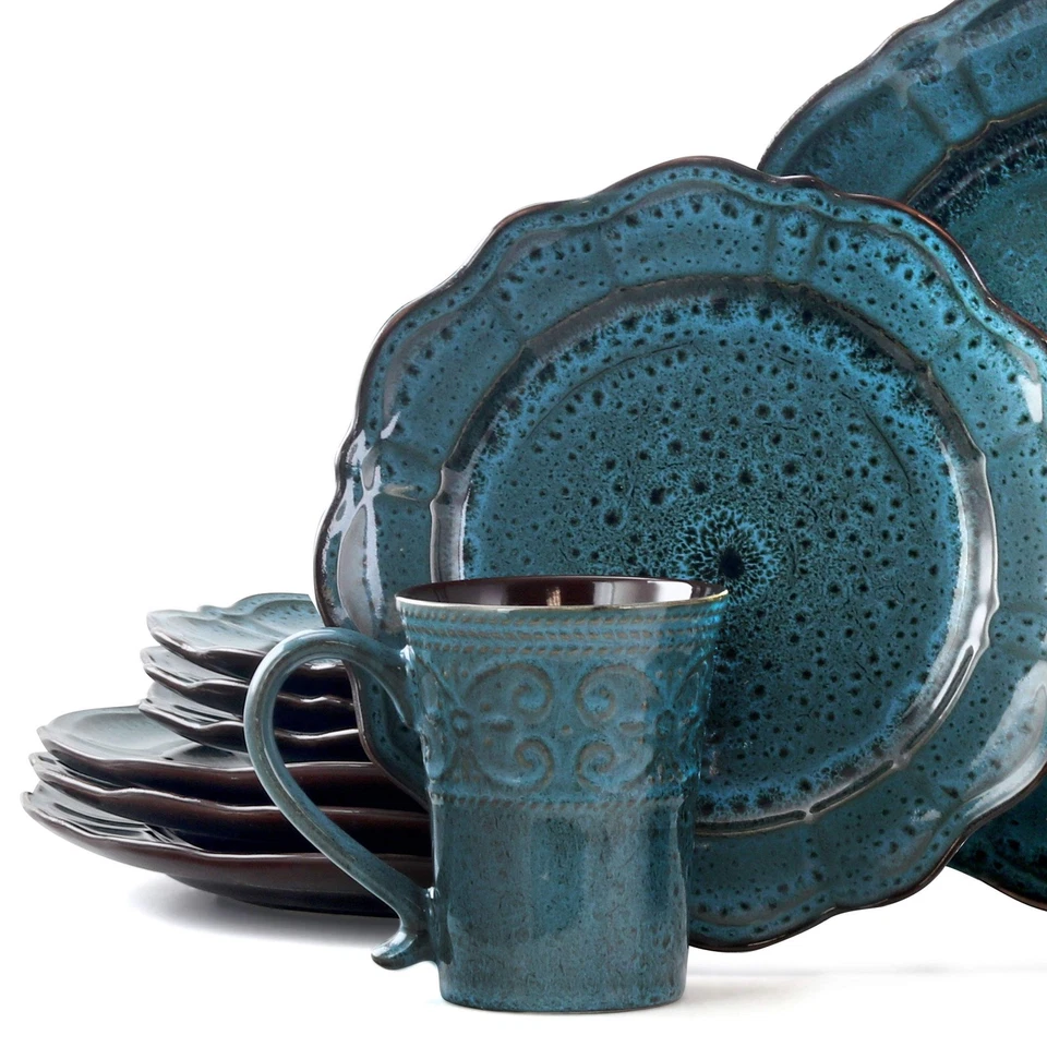 Lavish Blue 16 Piece Round Stoneware Dinnerware Set in Blue - Image 2 of 4