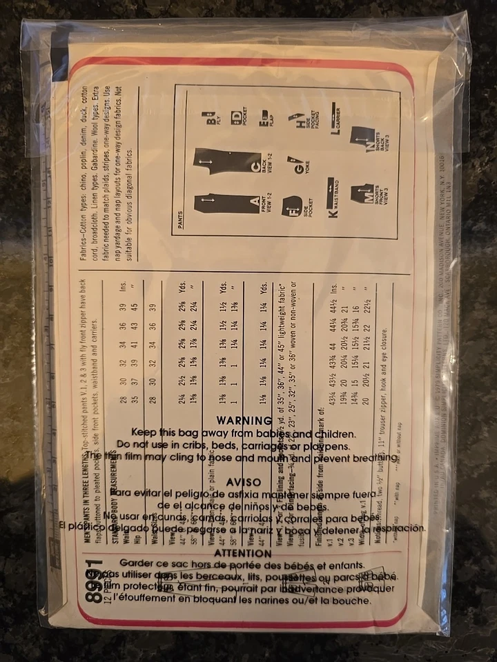 1979 Simplicity Sewing Pattern 8991 Size 28-30 Men's Pants in 3 Lengths UNCUT - Image 2 of 2