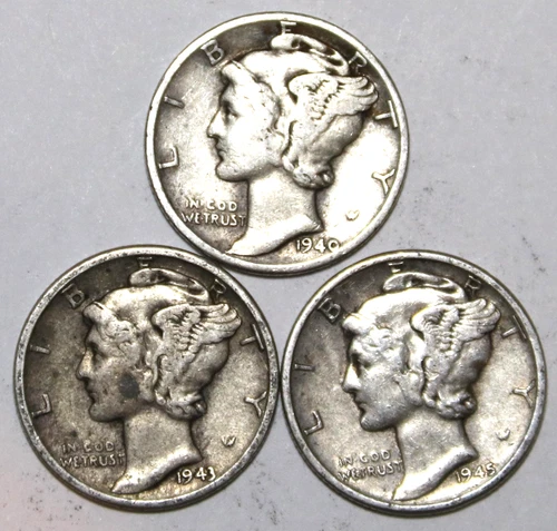 (3) Mercury Dimes - 1940P 1943P 1945P - Very Fine - #0743ED FREE SHIPPING